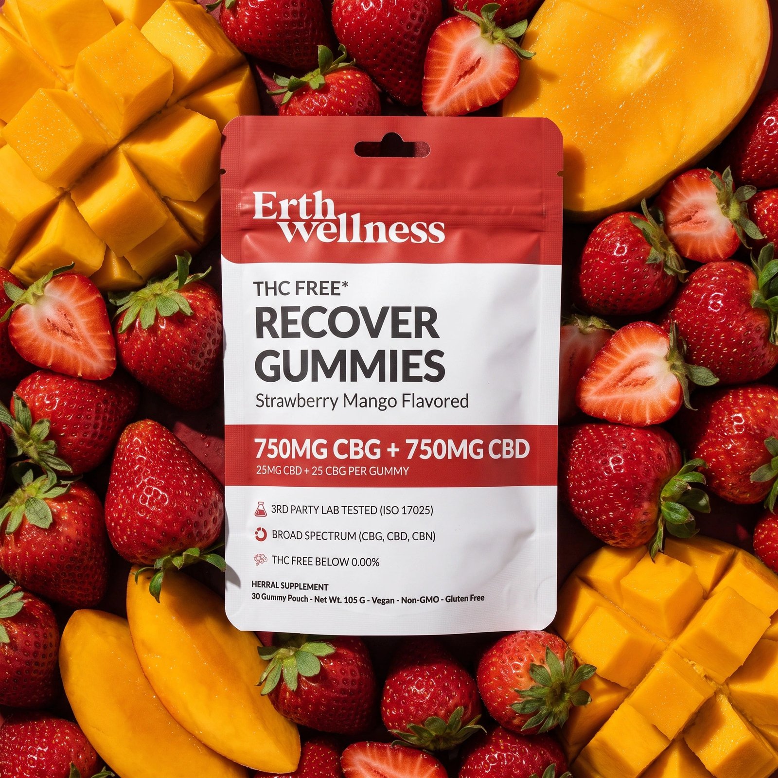 Erth Wellness Recover Gummies – CBD + CBG, THC-Free, Strawberry Mango (1500mg)