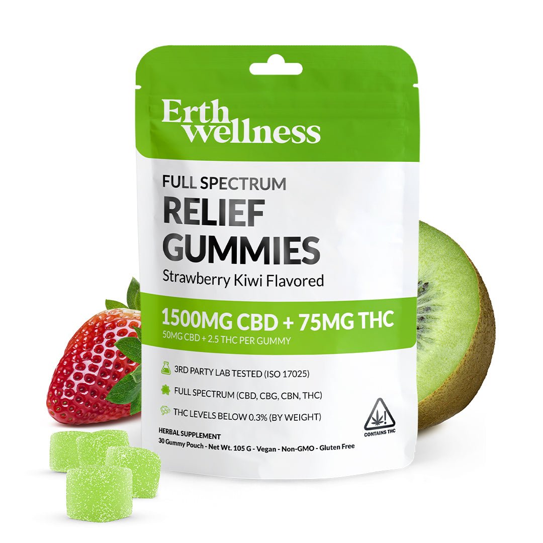 Erth Wellness Relief Gummies – Full Spectrum CBD + THC, Strawberry Kiwi (1500mg + 75mg)